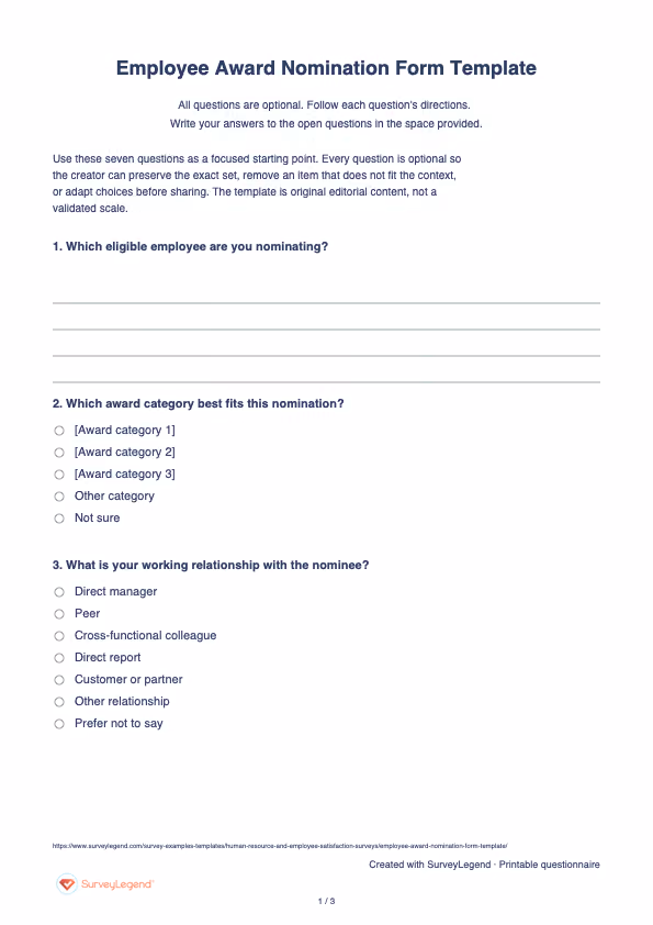 First page of the printable Employee Award Nomination Form Template with questions and answer spaces