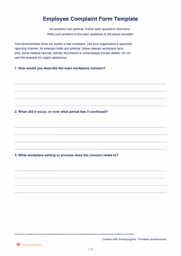 First page of the printable Employee Complaint Form Template with questions and answer spaces