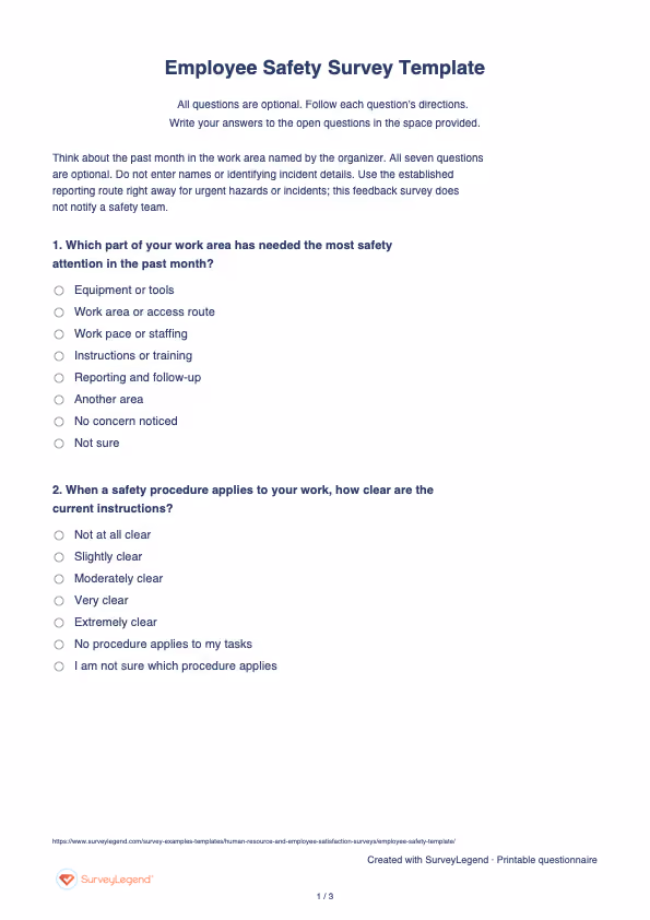 First page of the printable Employee Safety Survey Template with questions and answer spaces