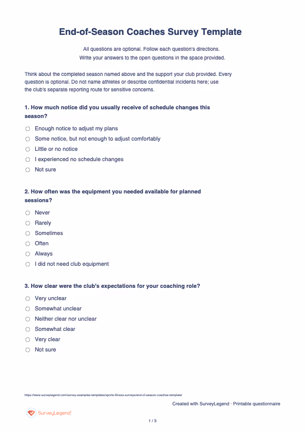 First page of the printable End-of-Season Coaches Survey Template with questions and answer spaces