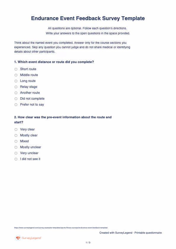 First page of the printable Endurance Event Feedback Survey Template with questions and answer spaces