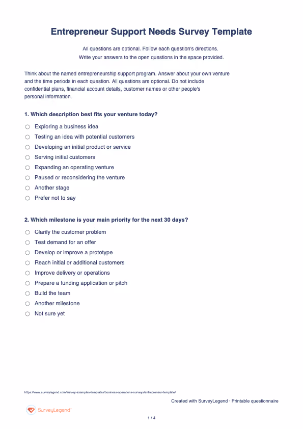 First page of the printable Entrepreneur Support Needs Survey Template with questions and answer spaces