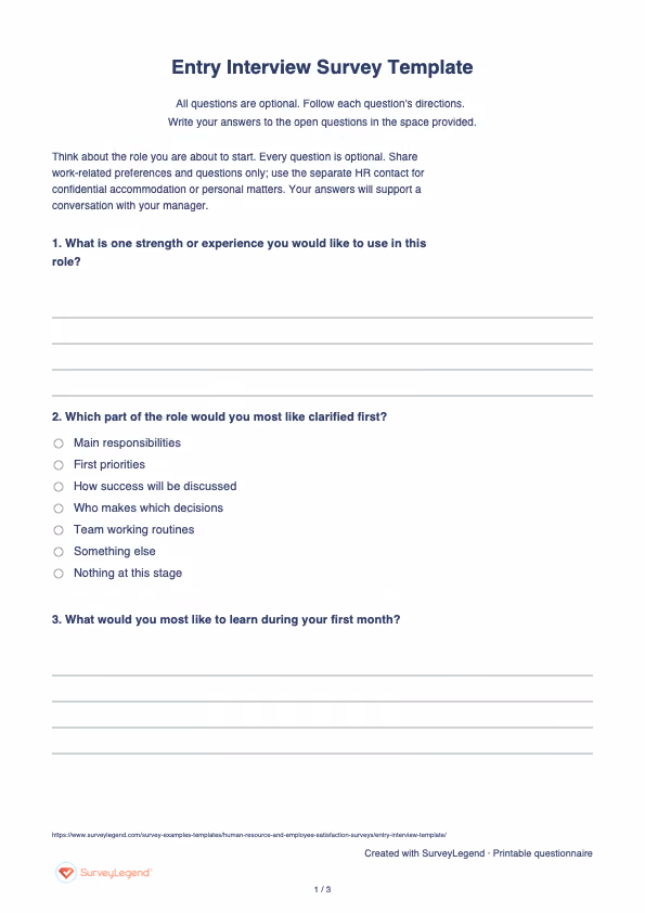 First page of the printable Entry Interview Survey Template with questions and answer spaces