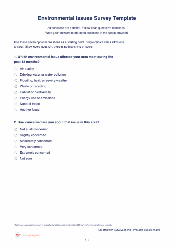 First page of the printable Environmental Issues Survey Template with questions and answer spaces