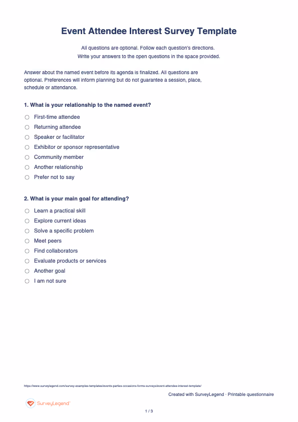 First page of the printable Event Attendee Interest Survey Template with questions and answer spaces