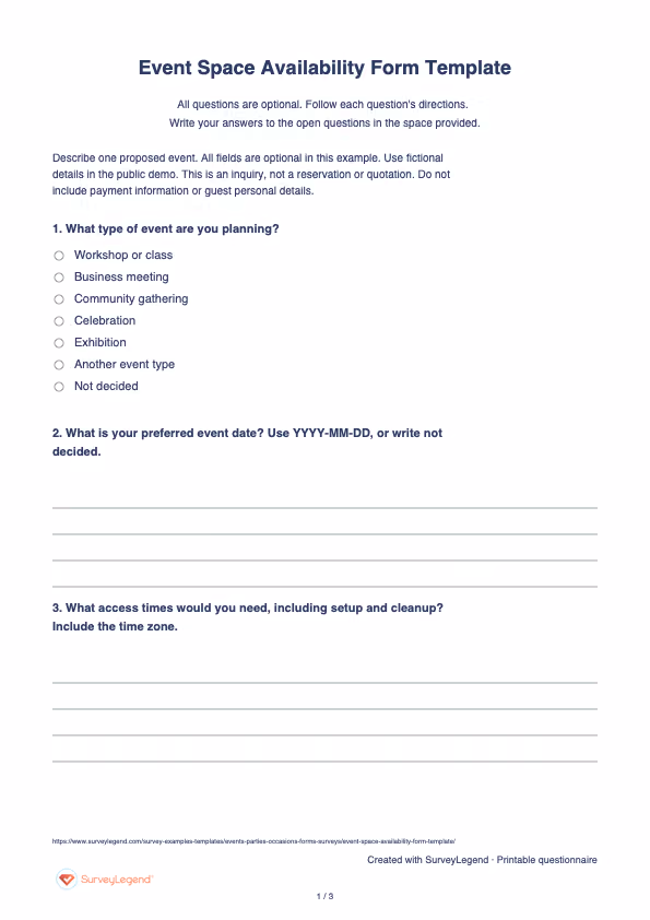 First page of the printable Event Space Availability Form Template with questions and answer spaces