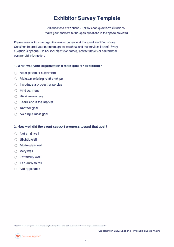 First page of the printable Exhibitor Survey Template with questions and answer spaces