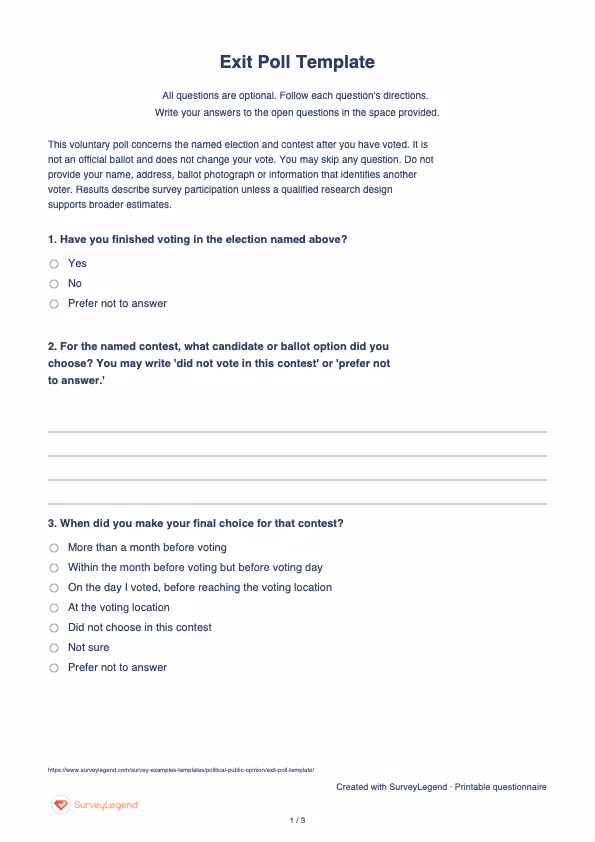 First page of the printable Exit Poll Template with questions and answer spaces