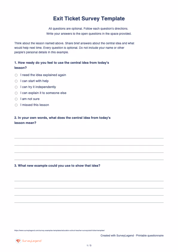 First page of the printable Exit Ticket Survey Template with questions and answer spaces