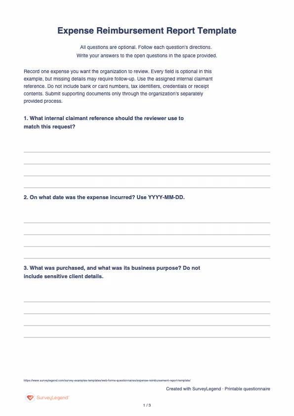 First page of the printable Expense Reimbursement Report Template with questions and answer spaces