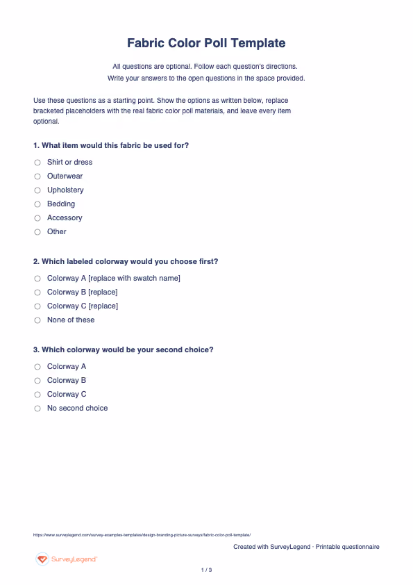 First page of the printable Fabric Color Poll Template with questions and answer spaces