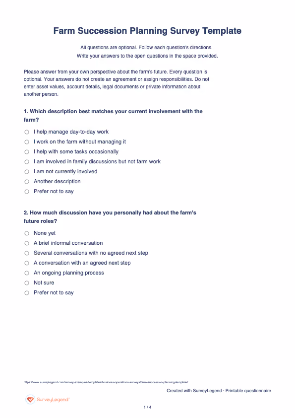 First page of the printable Farm Succession Planning Survey Template with questions and answer spaces
