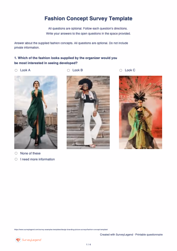 First page of the printable Fashion Concept Survey Template with questions and answer spaces