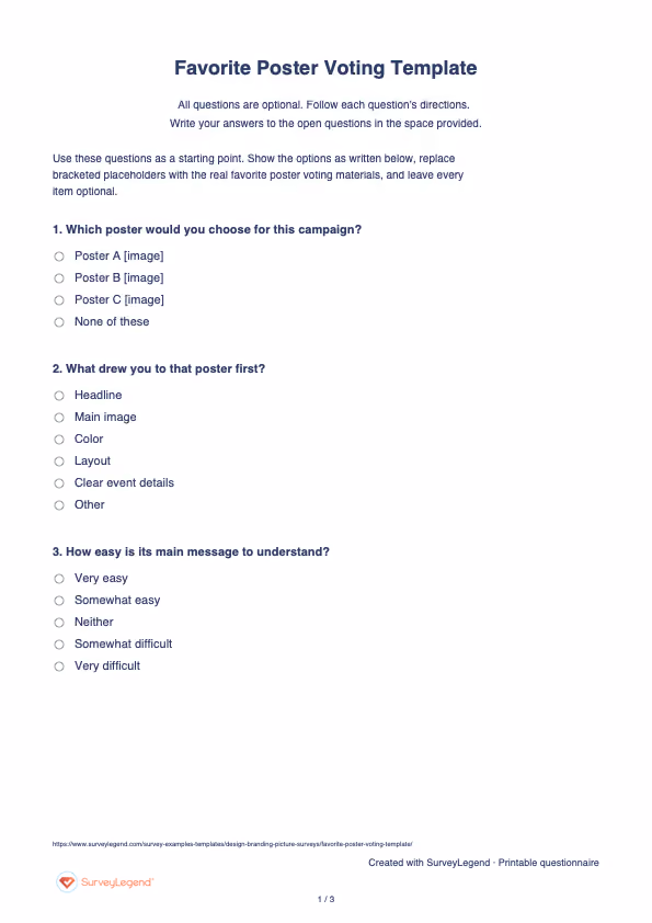 First page of the printable Favorite Poster Voting Template with questions and answer spaces