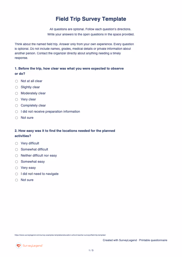 First page of the printable Field Trip Survey Template with questions and answer spaces