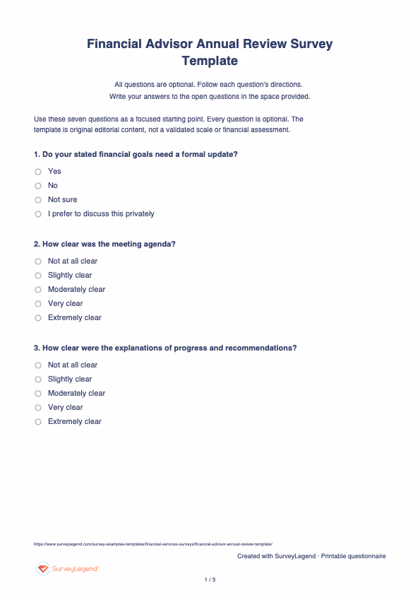 First page of the printable Financial Advisor Annual Review Survey Template with questions and answer spaces