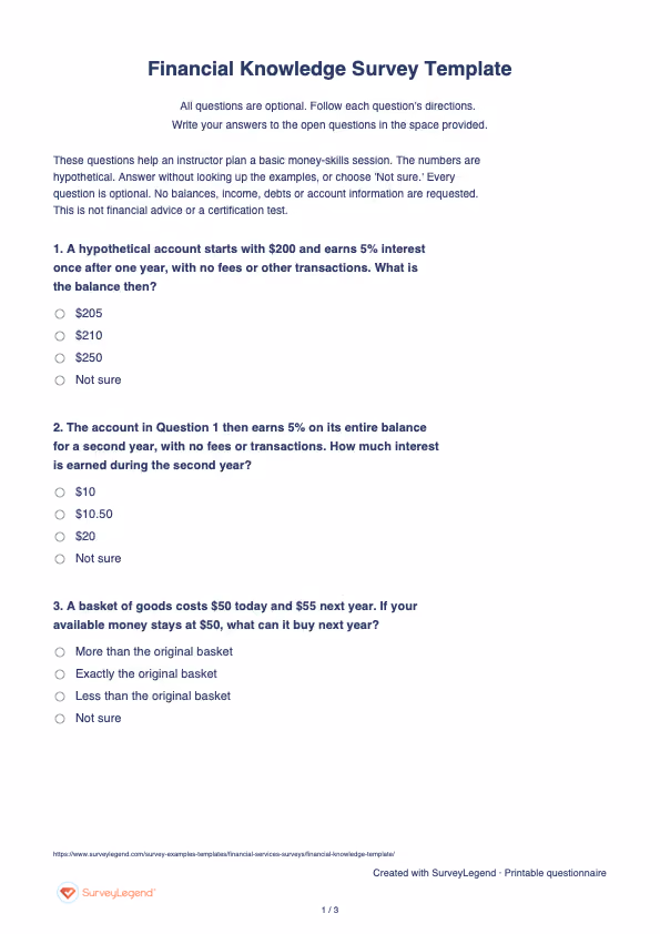 First page of the printable Financial Knowledge Survey Template with questions and answer spaces