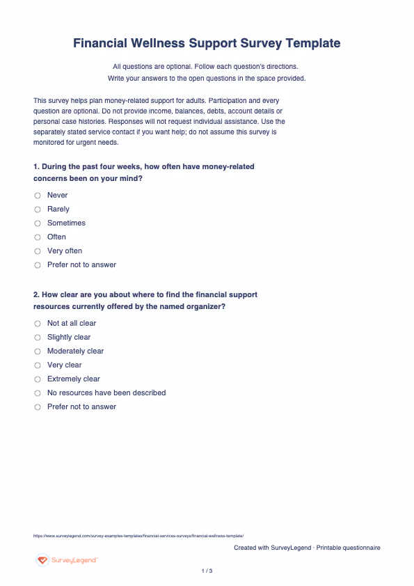 First page of the printable Financial Wellness Support Survey Template with questions and answer spaces