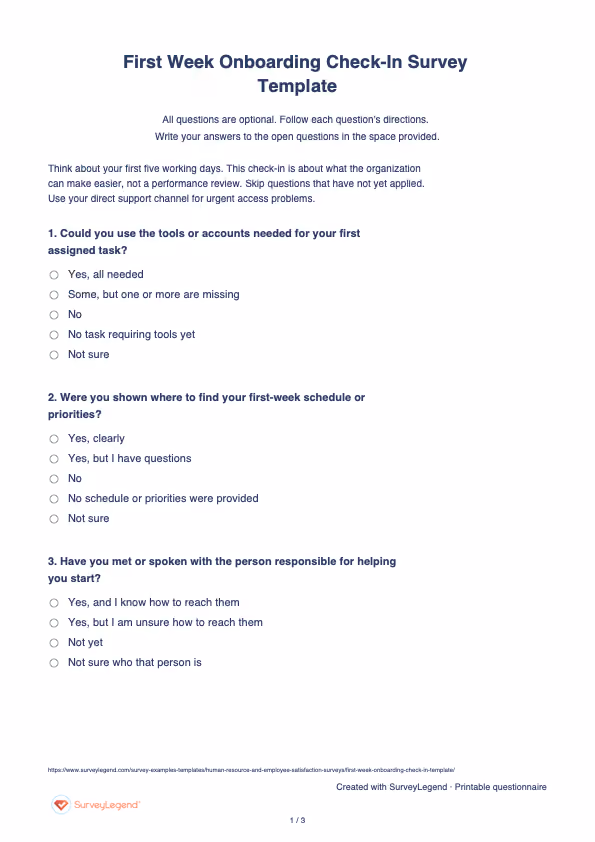 First page of the printable First Week Onboarding Check-In Survey Template with questions and answer spaces