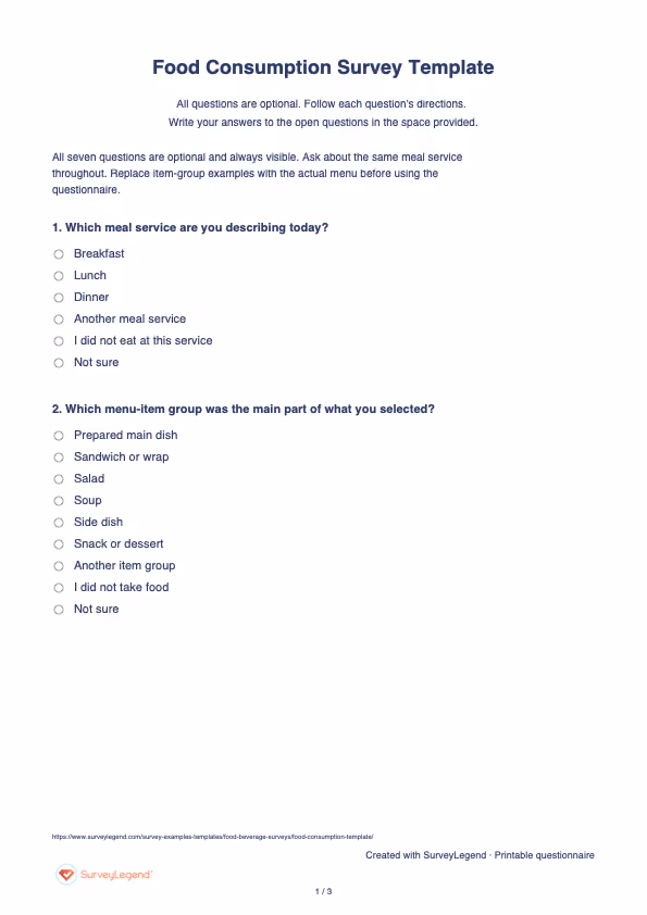 First page of the printable Food Consumption Survey Template with questions and answer spaces