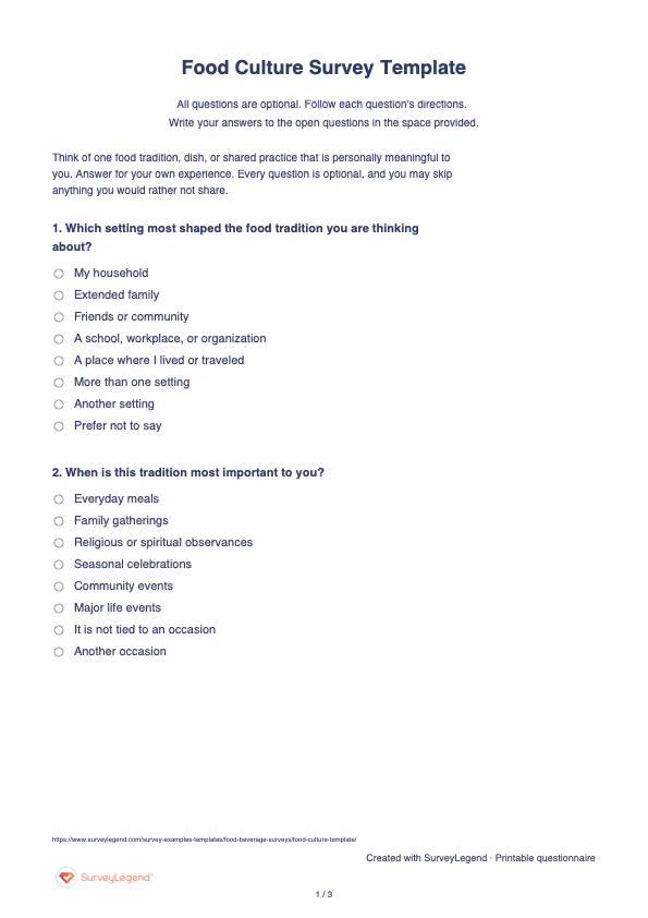 First page of the printable Food Culture Survey Template with questions and answer spaces