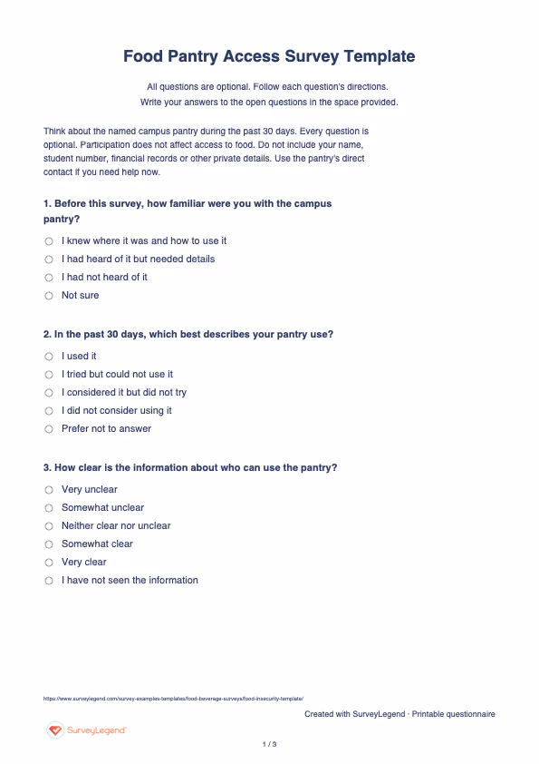 First page of the printable Food Pantry Access Survey Template with questions and answer spaces