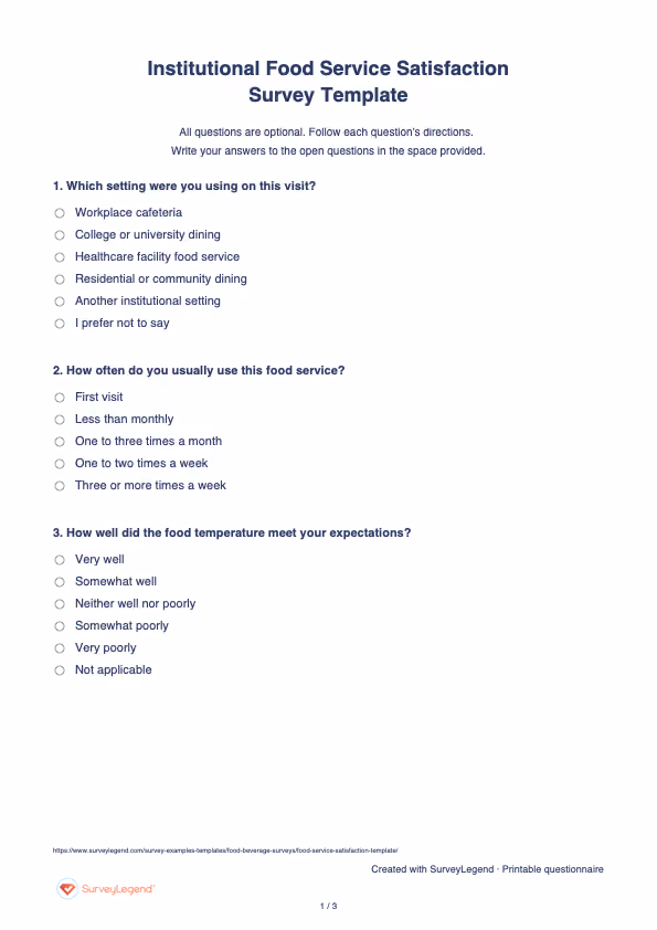 First page of the printable Institutional Food Service Satisfaction Survey Template with questions and answer spaces