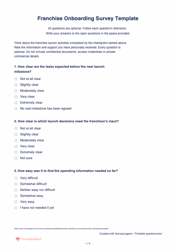 First page of the printable Franchise Onboarding Survey Template with questions and answer spaces