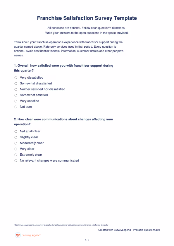First page of the printable Franchise Satisfaction Survey Template with questions and answer spaces