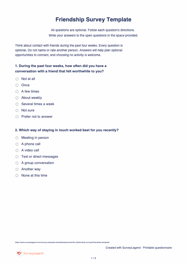 First page of the printable Friendship Survey Template with questions and answer spaces