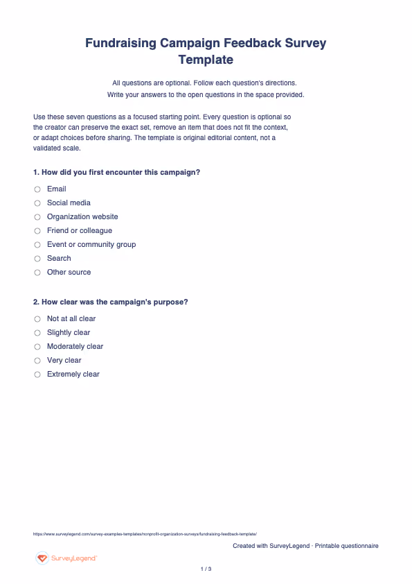 First page of the printable Fundraising Campaign Feedback Survey Template with questions and answer spaces