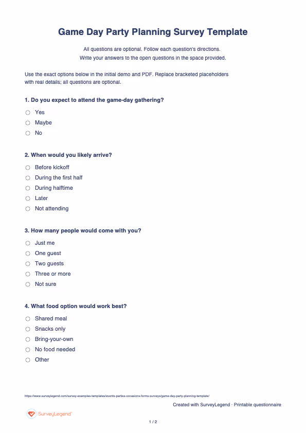 First page of the printable Game Day Party Planning Survey Template with questions and answer spaces