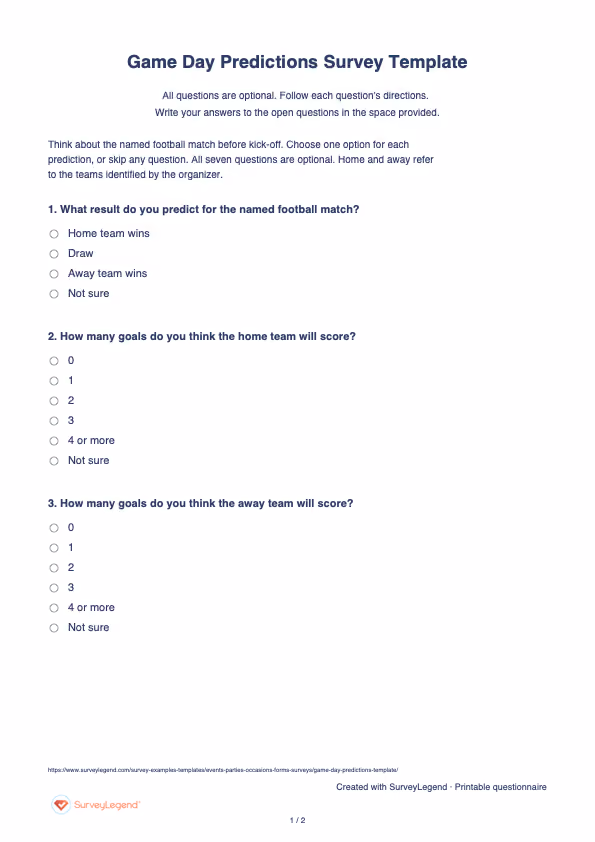 First page of the printable Game Day Predictions Survey Template with questions and answer spaces