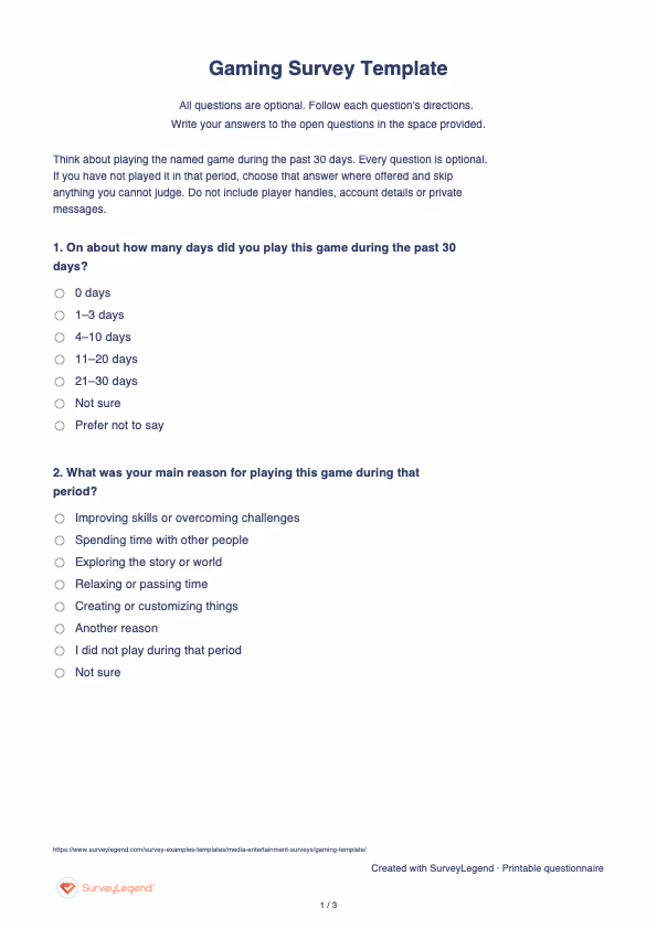 First page of the printable Gaming Survey Template with questions and answer spaces