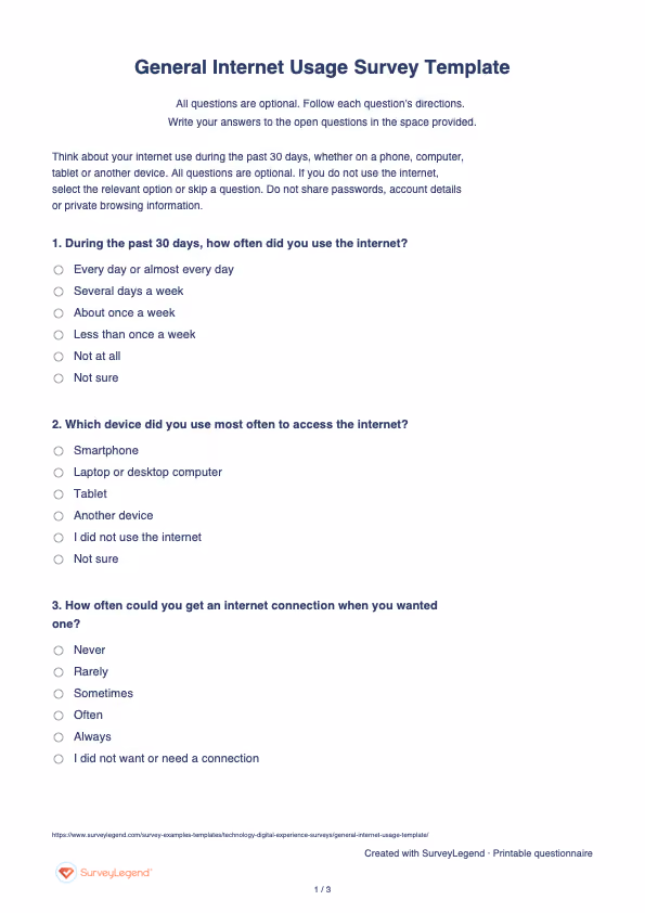 First page of the printable General Internet Usage Survey Template with questions and answer spaces