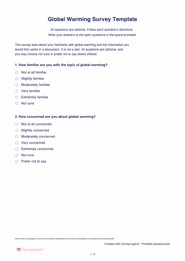 First page of the printable Global Warming Survey Template with questions and answer spaces