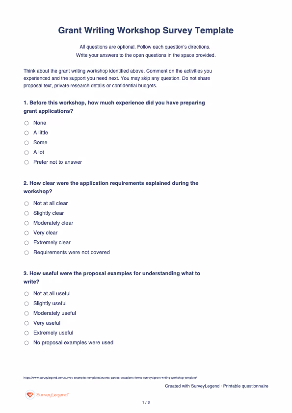 First page of the printable Grant Writing Workshop Survey Template with questions and answer spaces