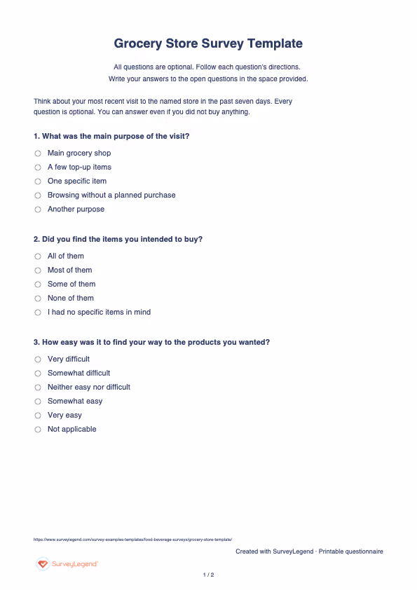 First page of the printable Grocery Store Survey Template with questions and answer spaces