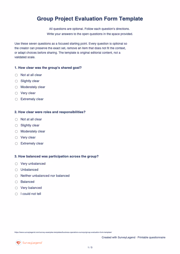 First page of the printable Group Project Evaluation Form Template with questions and answer spaces