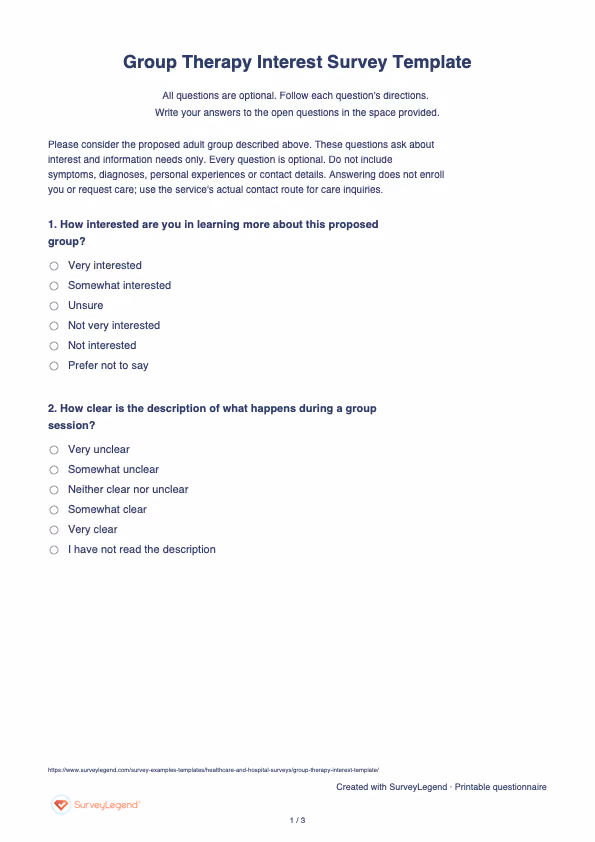 First page of the printable Group Therapy Interest Survey Template with questions and answer spaces