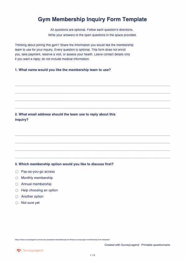 First page of the printable Gym Membership Inquiry Form Template with questions and answer spaces