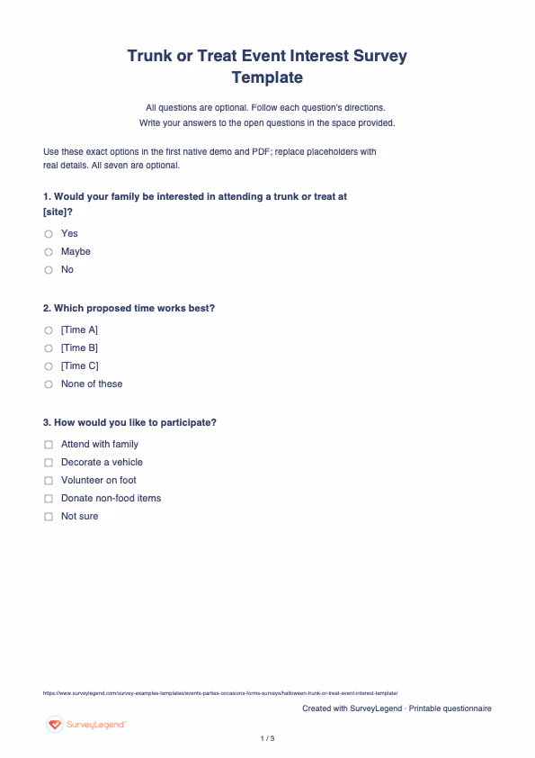 First page of the printable Trunk or Treat Event Interest Survey Template with questions and answer spaces