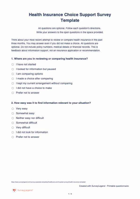 First page of the printable Health Insurance Choice Support Survey Template with questions and answer spaces