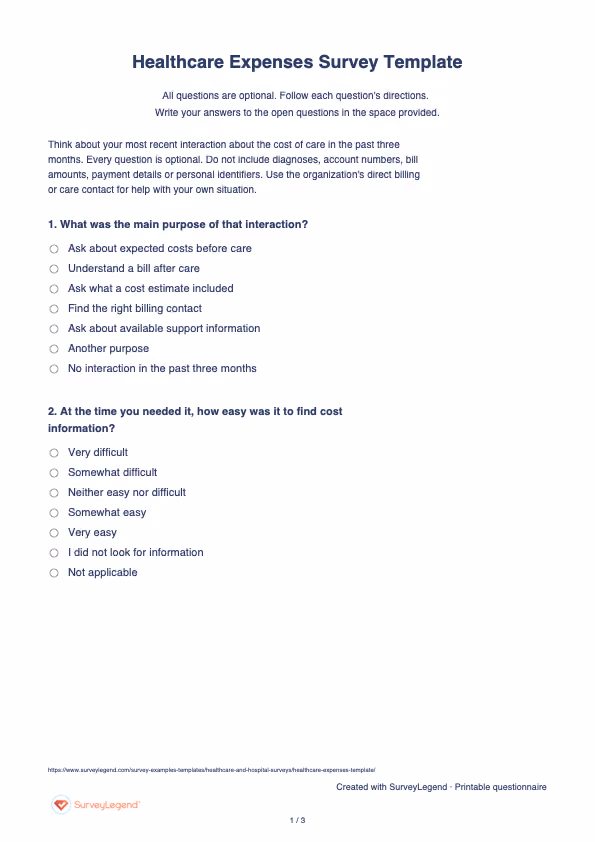 First page of the printable Healthcare Expenses Survey Template with questions and answer spaces