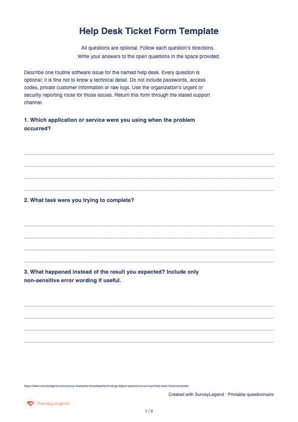 First page of the printable Help Desk Ticket Form Template with questions and answer spaces
