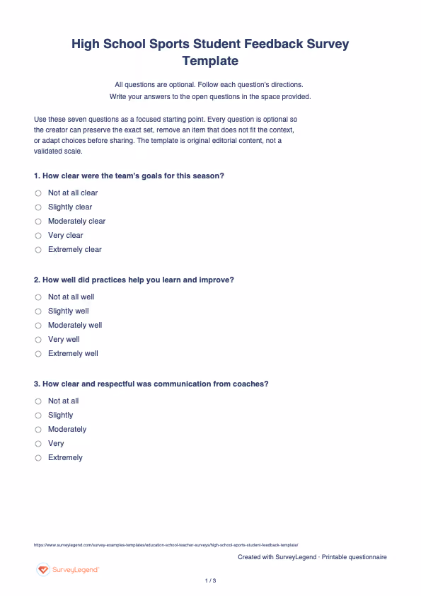 First page of the printable High School Sports Student Feedback Survey Template with questions and answer spaces