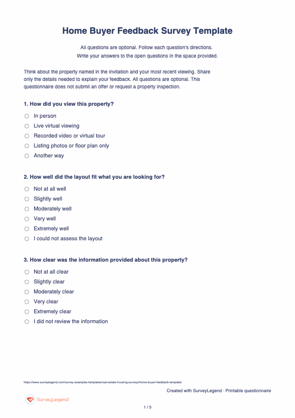 First page of the printable Home Buyer Feedback Survey Template with questions and answer spaces