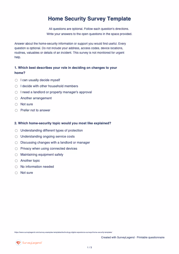 First page of the printable Home Security Survey Template with questions and answer spaces