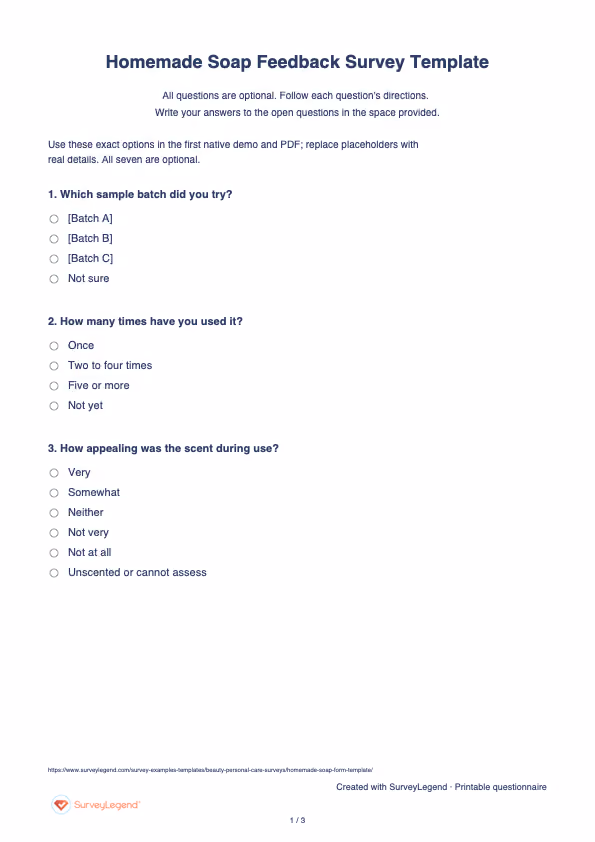 First page of the printable Homemade Soap Feedback Survey Template with questions and answer spaces