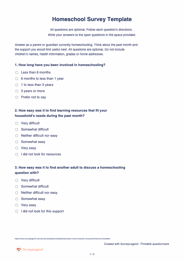 First page of the printable Homeschool Survey Template with questions and answer spaces